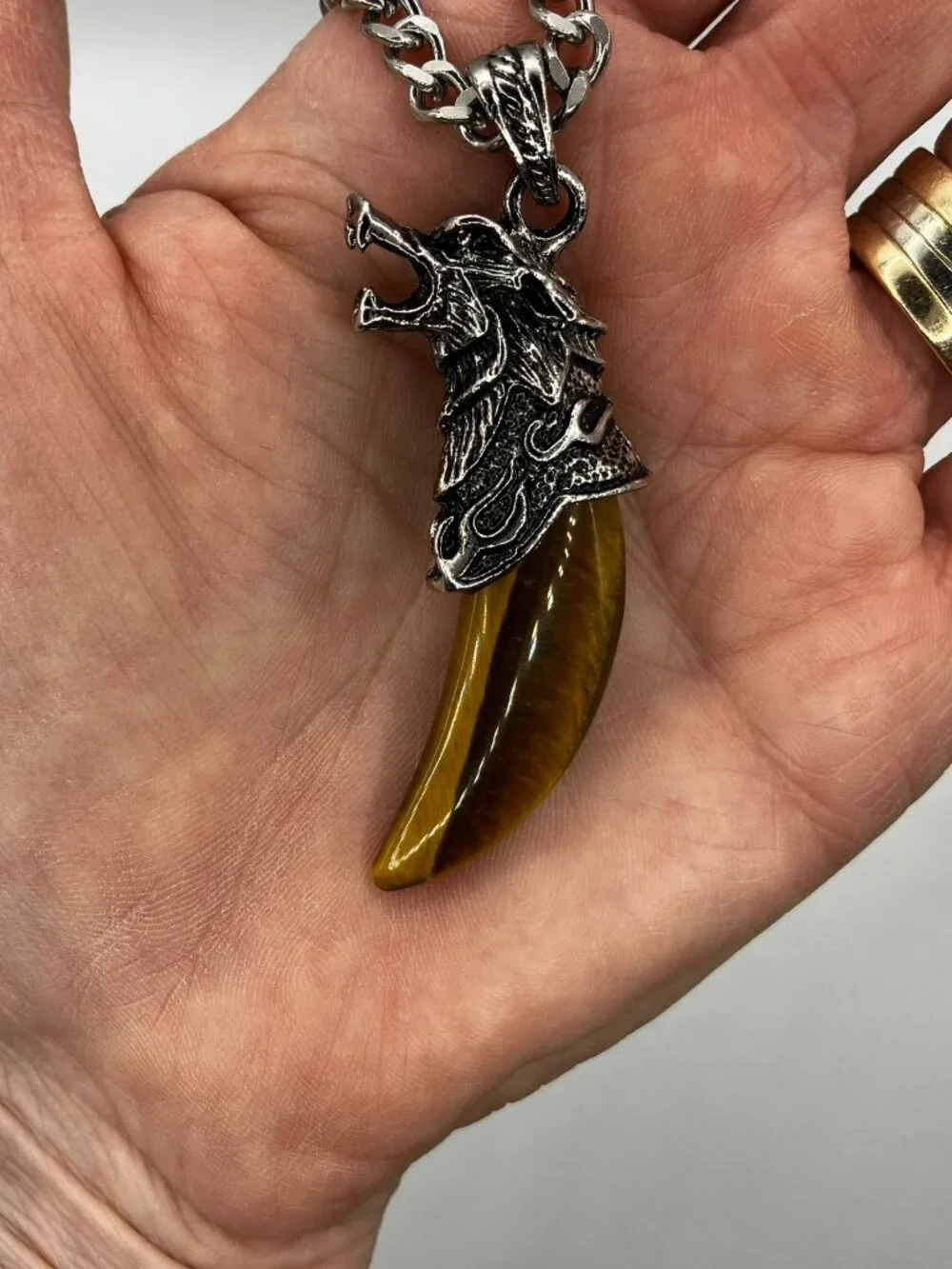 Tiger Eye Gemstone Tusk AND Men's Chunky 20 inch Stainless Steel Chain